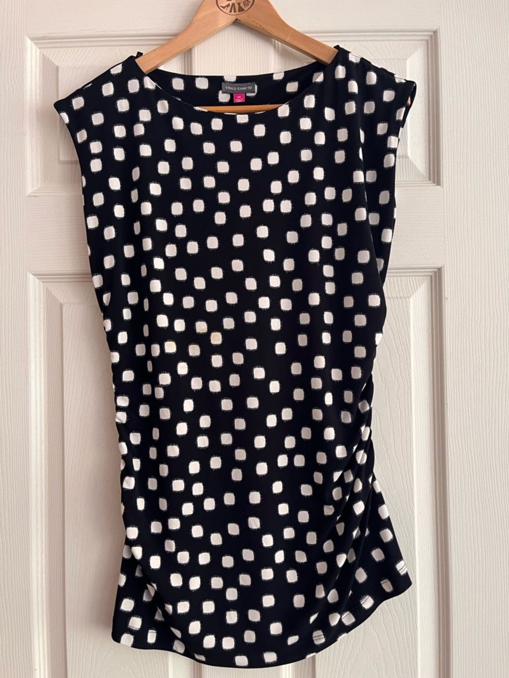 Vince Camuto Ruched Sides Black & White Polka Square Cap Sleeve Top